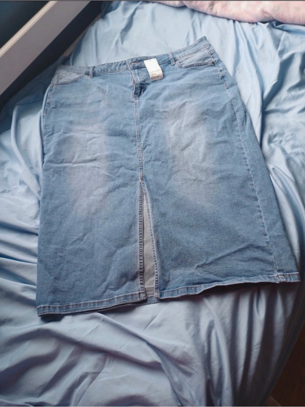 Light Blue Denim Midi Skirt with Front Slit - Casual Women's Skirt